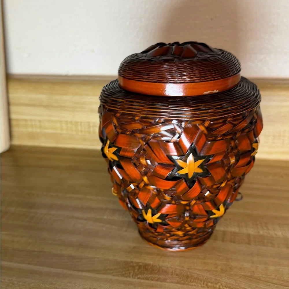 vintage handwoven rattan‎ ginger jar with ceramic vase trinket jar storage